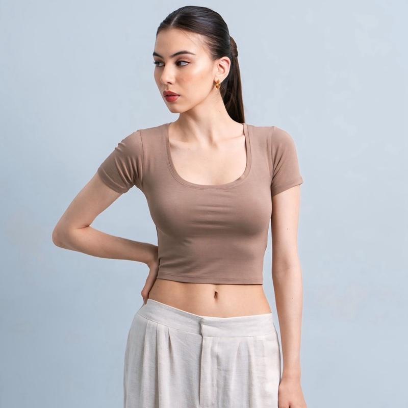 joyce by aijo [premium] ciara uneck crop top - atasan fitted wanita lengan pendek leher u - atasan bodyfit korean style