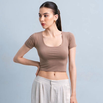 Joyce by AIJO [Premium] Ciara Uneck Crop Top - Atasan Fitted Wanita Lengan Pendek Leher U - Atasan Bodyfit Korean Style