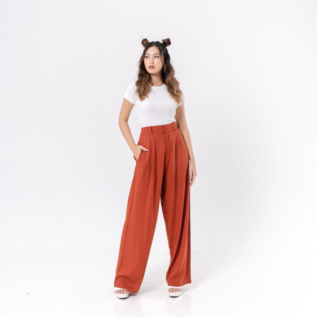aijo - (ready) reva twill cullote - celana panjang loose pant kekinian wanita kulot casual basic bawahan formal tali serut red crinkle simple