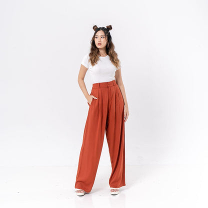 AIJO - (READY) Reva Twill Cullote - Celana Panjang Loose Pant Kekinian Wanita Kulot Casual Basic Bawahan Formal tali serut Red Crinkle Simple
