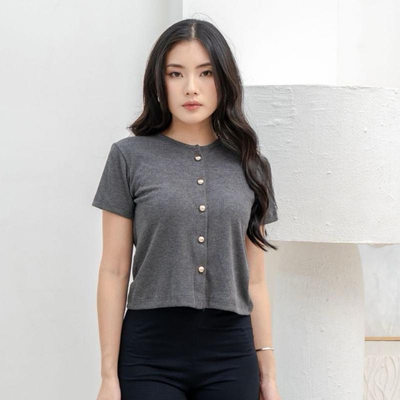 aijo | (ready) abell button top - atasan wanita oneck top bodyfit lengan pendek kekinian korean style