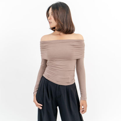 AIJO| (READY) Bianca Sabrina Longsleeve - Atasan Lengan Panjang Wanita Baju - Baju Sabrina Formal Karet Lembut Maroon Nyaman