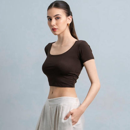 Joyce by AIJO [Premium] Ciara Uneck Crop Top - Atasan Fitted Wanita Lengan Pendek Leher U - Atasan Bodyfit Korean Style
