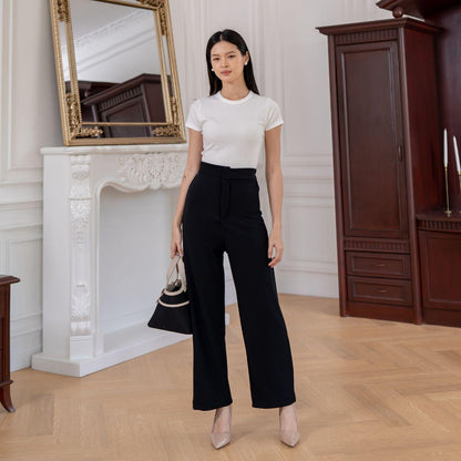 AIJO | (READY) Louise Knit Long Pants - Celana Panjang Wanita Santai Kekinian Nyaman Rib Stretch Casual Kerja Kantor Slimfit Formal Lembut Hitam Basic Samping Ring