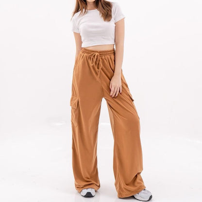 AIJO -(READY) Yoona Cargo Pants - Celana Bebytery Korean Loose Pants Panjang Wanita Formal Kantor Casual Hitam Baggy Kulot Celana Cargo Wanita Katun tali serut Merah 