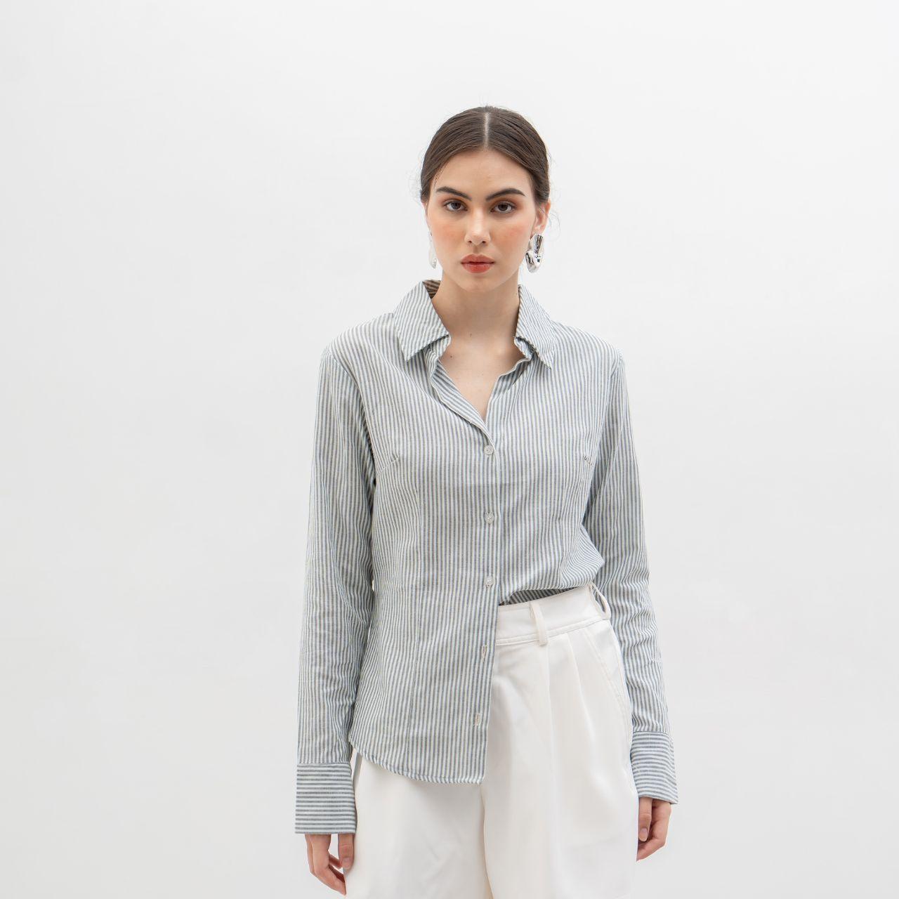 joyce by aijo [premium] bora shirt - kaos kemeja lengan panjang wanita stripe - casual fitted