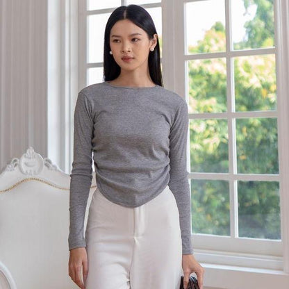 AIJO | (READY) Amoura Rib Longsleeve - Atasan Lengan Panjang Rib Serut Wanita oneck top Nyaman Polos Lembut Basic Baju