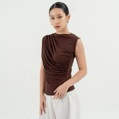 AIJO(SIAP) | Irene Top - Atasan Wanita Spandex Kerut - Atasan Wanita Korean Style - Mahoni