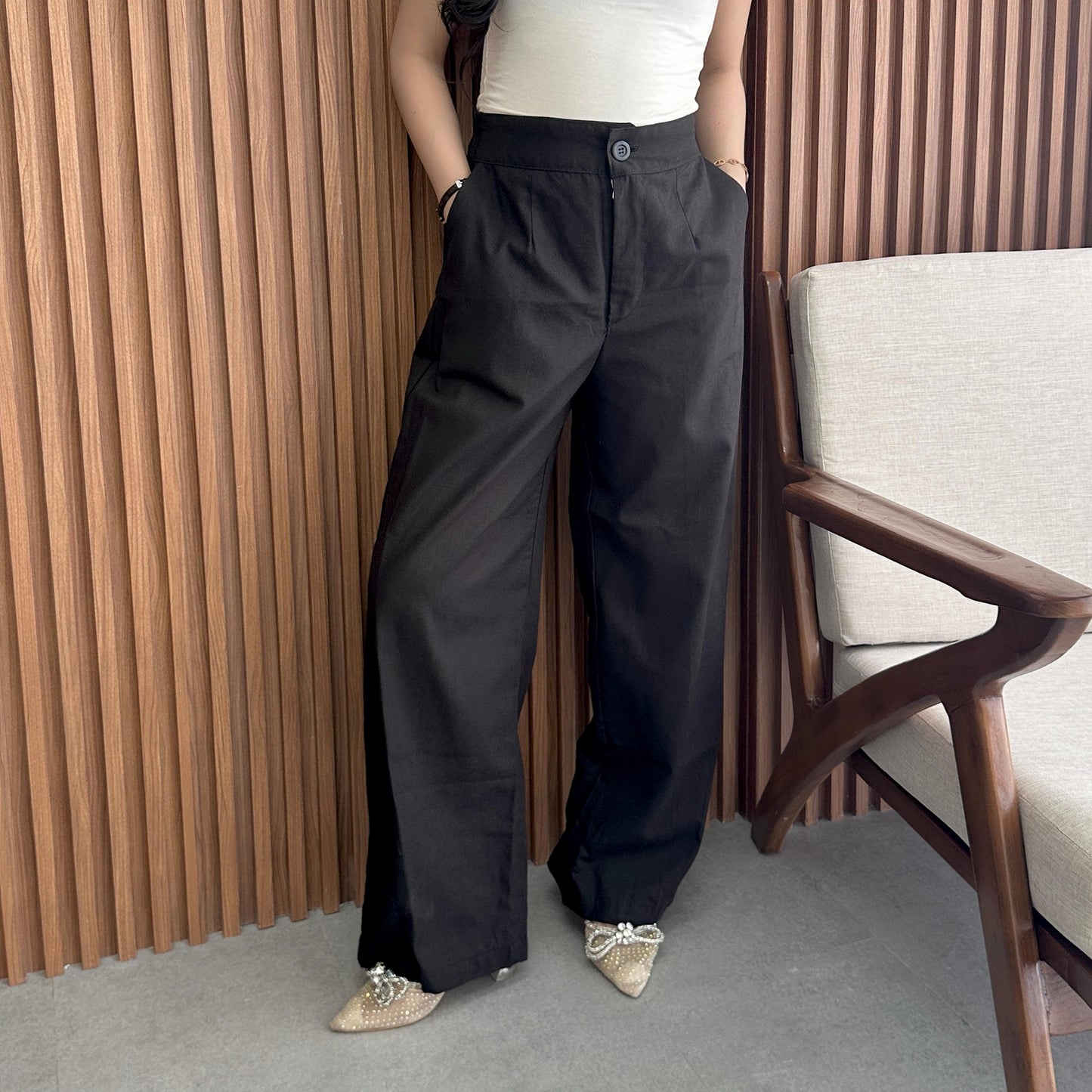aijo | (ready) asa cullote - celana panjang linen kulot loose pants wanita korean style cream hitam basic casual