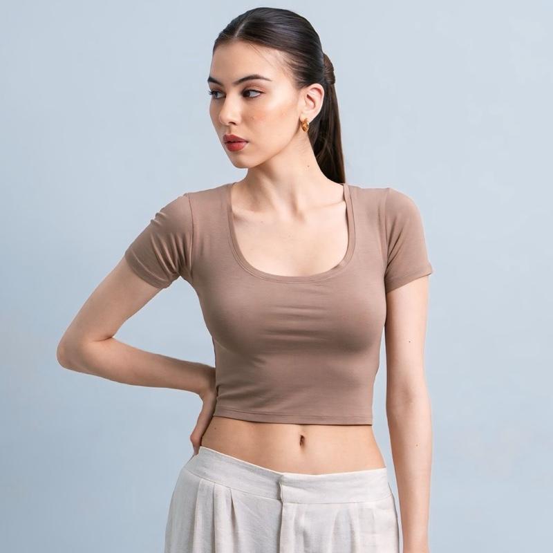 joyce by aijo [premium] ciara uneck crop top - atasan fitted wanita lengan pendek leher u - atasan bodyfit korean style