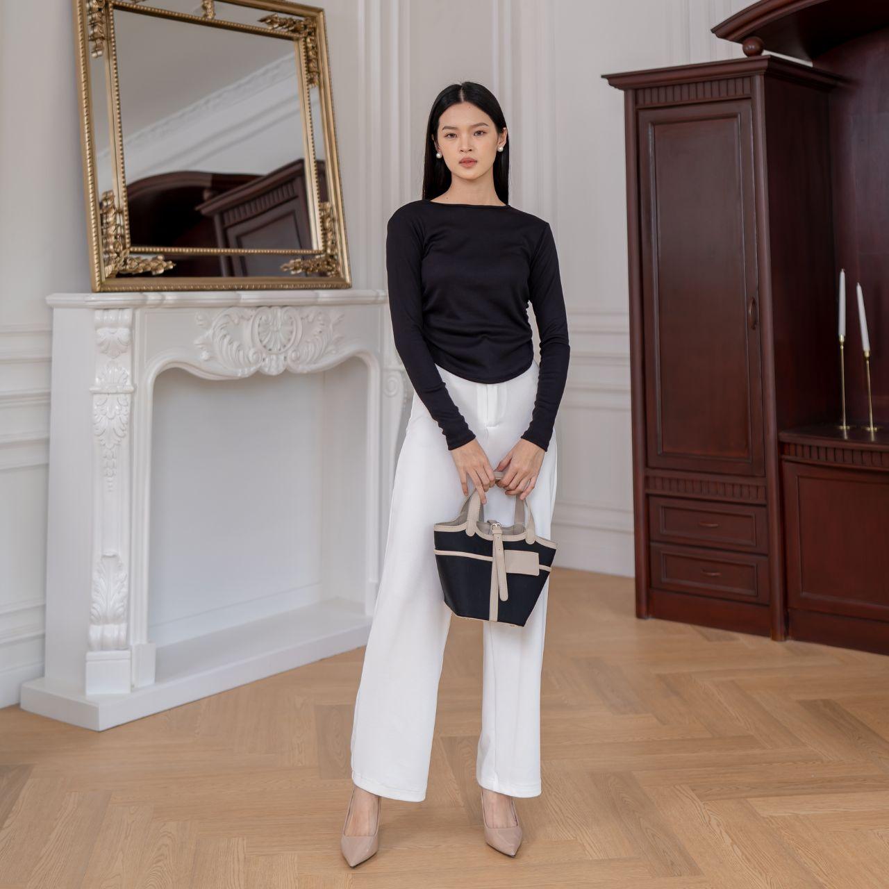 aijo | (ready) louise knit long pants - celana panjang wanita santai kekinian nyaman rib stretch casual kerja kantor slimfit formal lembut hitam basic samping ring