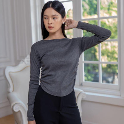 AIJO | (READY) Amoura Rib Longsleeve - Atasan Lengan Panjang Rib Serut Wanita oneck top Nyaman Polos Lembut Basic Baju