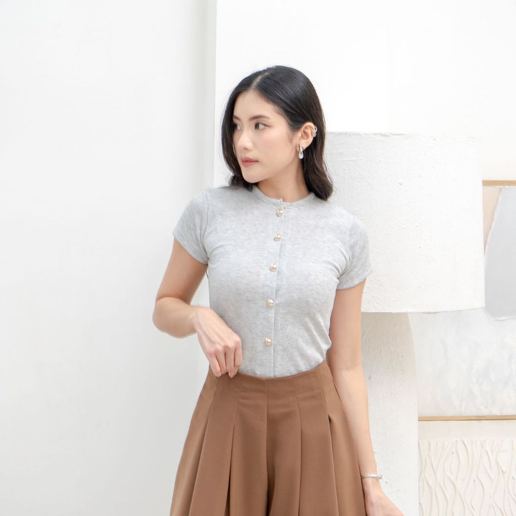 aijo | (ready) abell button top - atasan wanita oneck top bodyfit lengan pendek kekinian korean style