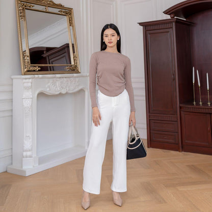 AIJO | (READY) Louise Knit Long Pants - Celana Panjang Wanita Santai Kekinian Nyaman Rib Stretch Casual Kerja Kantor Slimfit Formal Lembut Hitam Basic Samping Ring