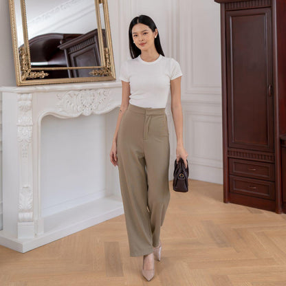 AIJO | (READY) Louise Knit Long Pants - Celana Panjang Wanita Santai Kekinian Nyaman Rib Stretch Casual Kerja Kantor Slimfit Formal Lembut Hitam Basic Samping Ring
