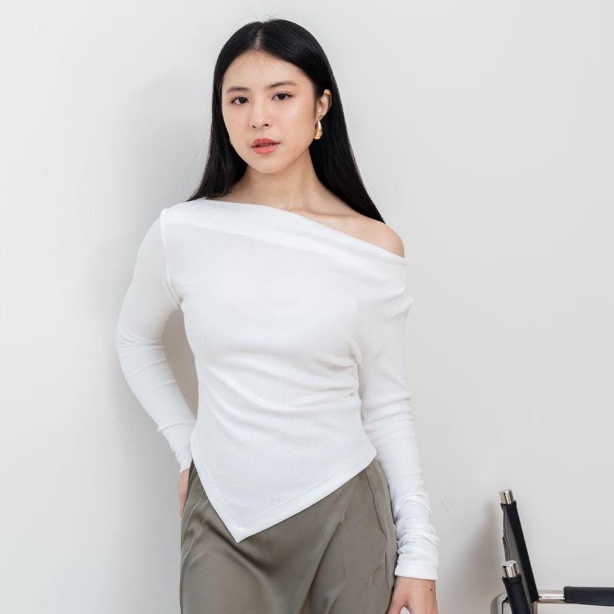 aijo| (ready) theresa sabrina longsleeve - atasan lengan panjang vneck wanita casual rib baju basic casual rib