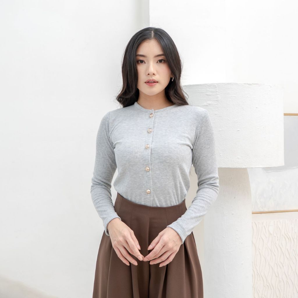 aijo | (ready) leanna button longsleeve - atasan wanita kekinian bodyfit panjang