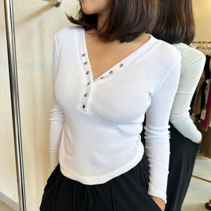 AIJO| (READY) Irish Vneck Longsleeve - Atasan Lengan Panjang Wanita - Atasan Vneck Wanita Rib Baju Fit Kerah Nyaman Pink Hitam Melar Polos Lembut Putih Kaos Unik