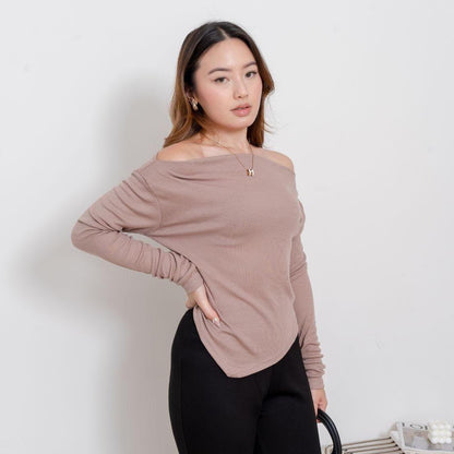 AIJO | (READY) Blossom Sabrina Longsleeve - Atasan Lengan Panjang Rib Wanita cia oneck top Polos Melar Baju Tebal Oversize