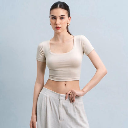 Joyce by AIJO [Premium] Ciara Uneck Crop Top - Atasan Fitted Wanita Lengan Pendek Leher U - Atasan Bodyfit Korean Style
