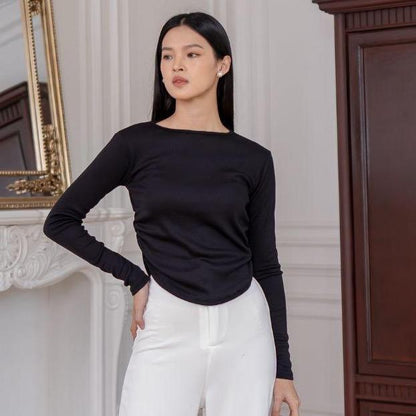 AIJO | (READY) Amoura Rib Longsleeve - Atasan Lengan Panjang Rib Serut Wanita oneck top Nyaman Polos Lembut Basic Baju