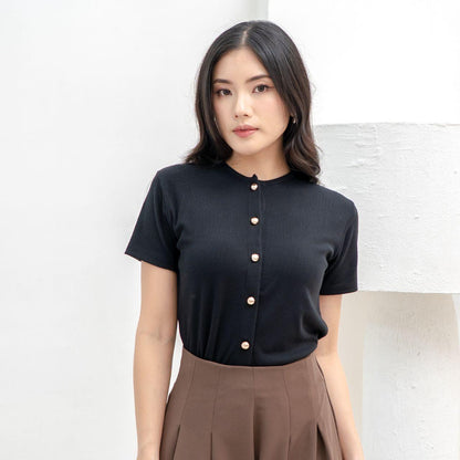 AIJO | (READY) Abell Button Top - Atasan Wanita Oneck Top Bodyfit Lengan Pendek Kekinian Korean Style