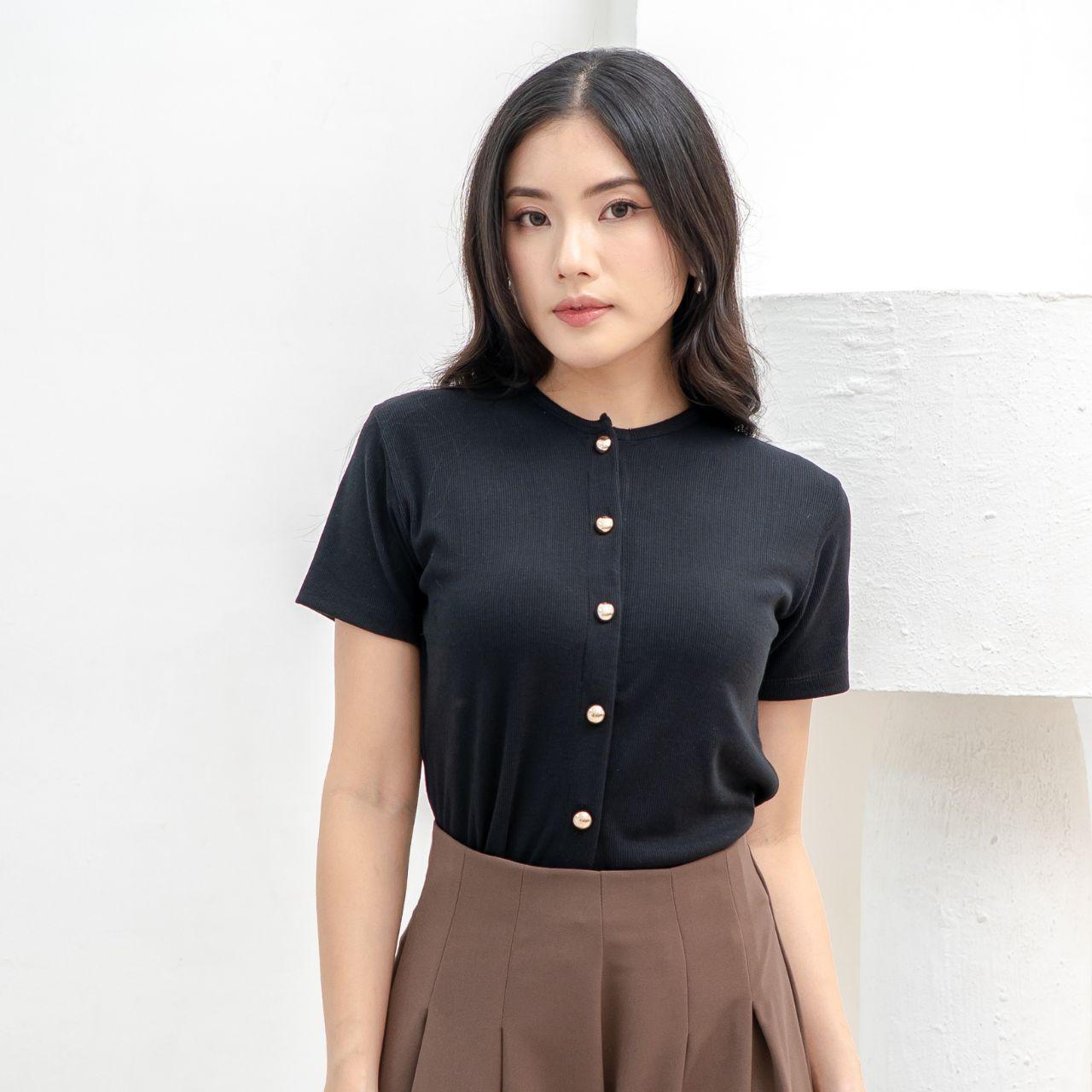 aijo | (ready) abell button top - atasan wanita oneck top bodyfit lengan pendek kekinian korean style