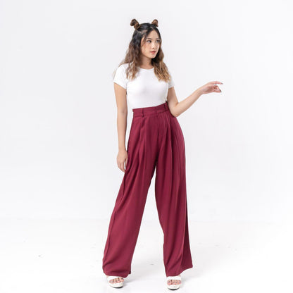 AIJO - (READY) Reva Twill Cullote - Celana Panjang Loose Pant Kekinian Wanita Kulot Casual Basic Bawahan Formal tali serut Red Crinkle Simple