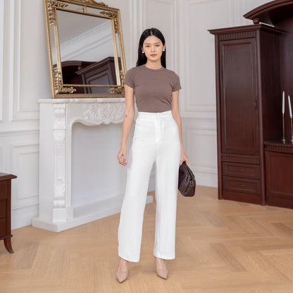AIJO | (READY) Louise Knit Long Pants - Celana Panjang Wanita Santai Kekinian Nyaman Rib Stretch Casual Kerja Kantor Slimfit Formal Lembut Hitam Basic Samping Ring