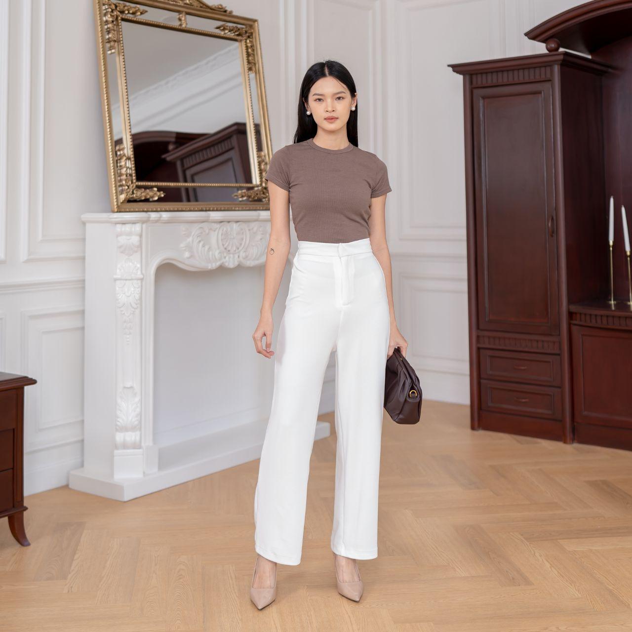 aijo | (ready) louise knit long pants - celana panjang wanita santai kekinian nyaman rib stretch casual kerja kantor slimfit formal lembut hitam basic samping ring