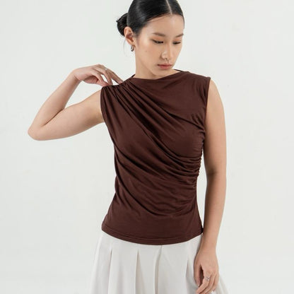 AIJO(SIAP) | Irene Top - Atasan Wanita Spandex Kerut - Atasan Wanita Korean Style - Mahoni