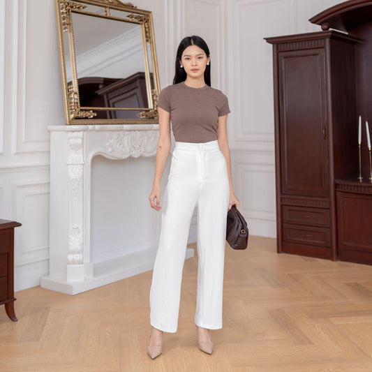 AIJO | (READY) Louise Knit Long Pants - Celana Panjang Wanita Santai Kekinian Nyaman Rib Stretch Casual Kerja Kantor Slimfit Formal Lembut Hitam Basic Samping Ring
