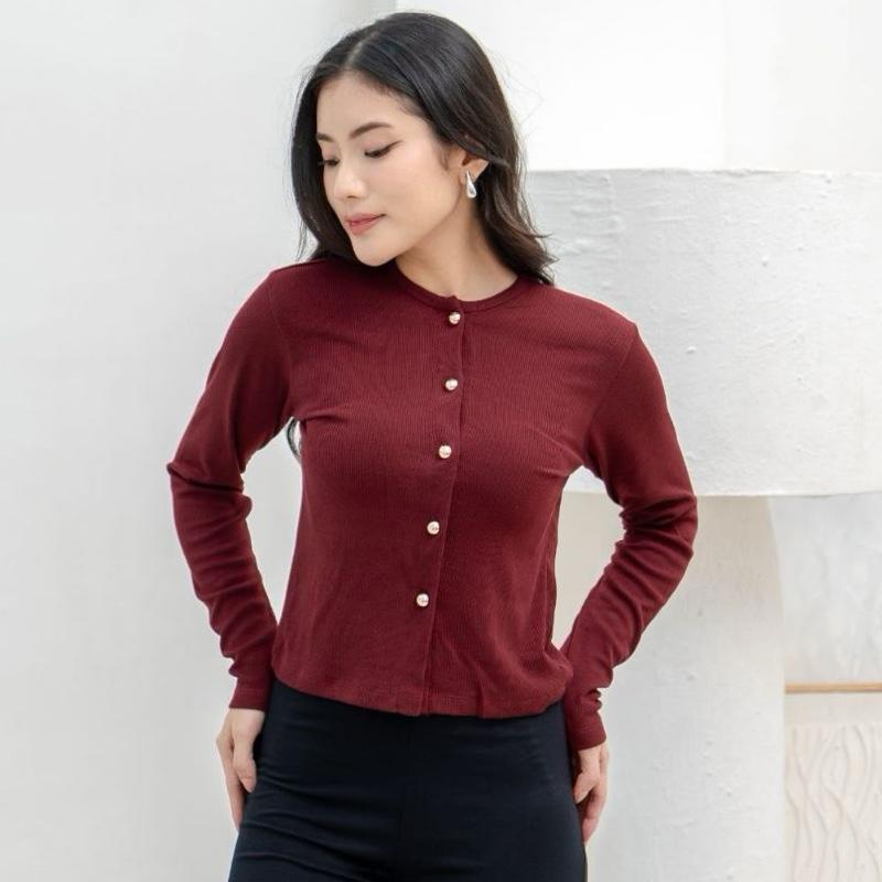aijo | (ready) leanna button longsleeve - atasan wanita kekinian bodyfit panjang
