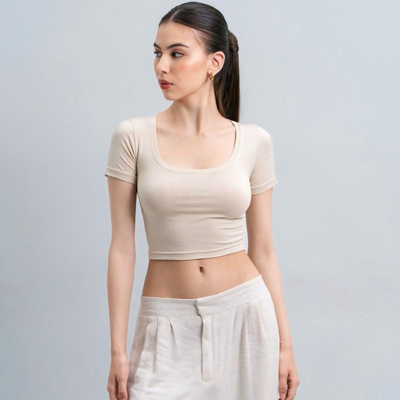 joyce by aijo [premium] ciara uneck crop top - atasan fitted wanita lengan pendek leher u - atasan bodyfit korean style