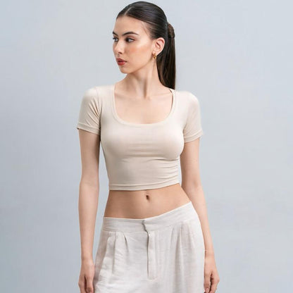 Joyce by AIJO [Premium] Ciara Uneck Crop Top - Atasan Fitted Wanita Lengan Pendek Leher U - Atasan Bodyfit Korean Style