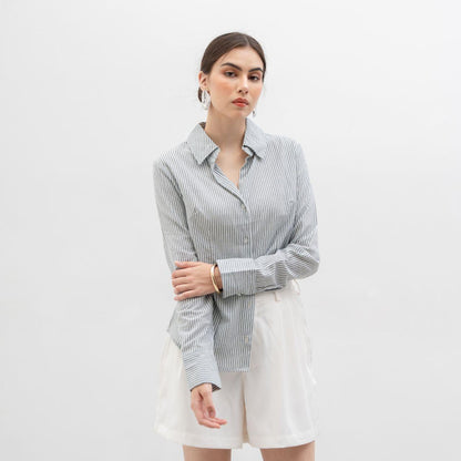 Joyce by AIJO [Premium] Bora Shirt - Kaos Kemeja Lengan Panjang Wanita Stripe - Casual Fitted