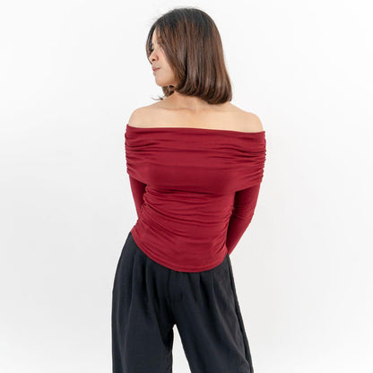 AIJO| (READY) Bianca Sabrina Longsleeve - Atasan Lengan Panjang Wanita Baju - Baju Sabrina Formal Karet Lembut Maroon Nyaman