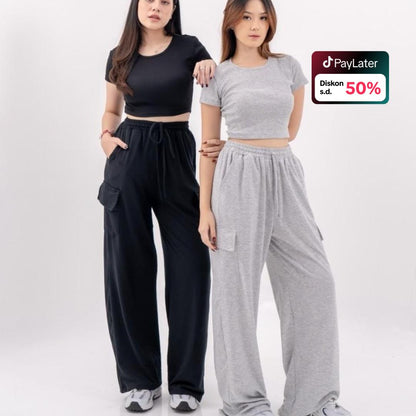 AIJO -(READY) Yoona Cargo Pants - Celana Bebytery Korean Loose Pants Panjang Wanita Formal Kantor Casual Hitam Baggy Kulot Celana Cargo Wanita Katun tali serut Merah 