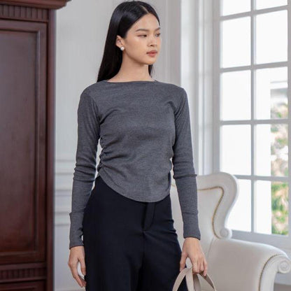 AIJO | (READY) Amoura Rib Longsleeve - Atasan Lengan Panjang Rib Serut Wanita oneck top Nyaman Polos Lembut Basic Baju