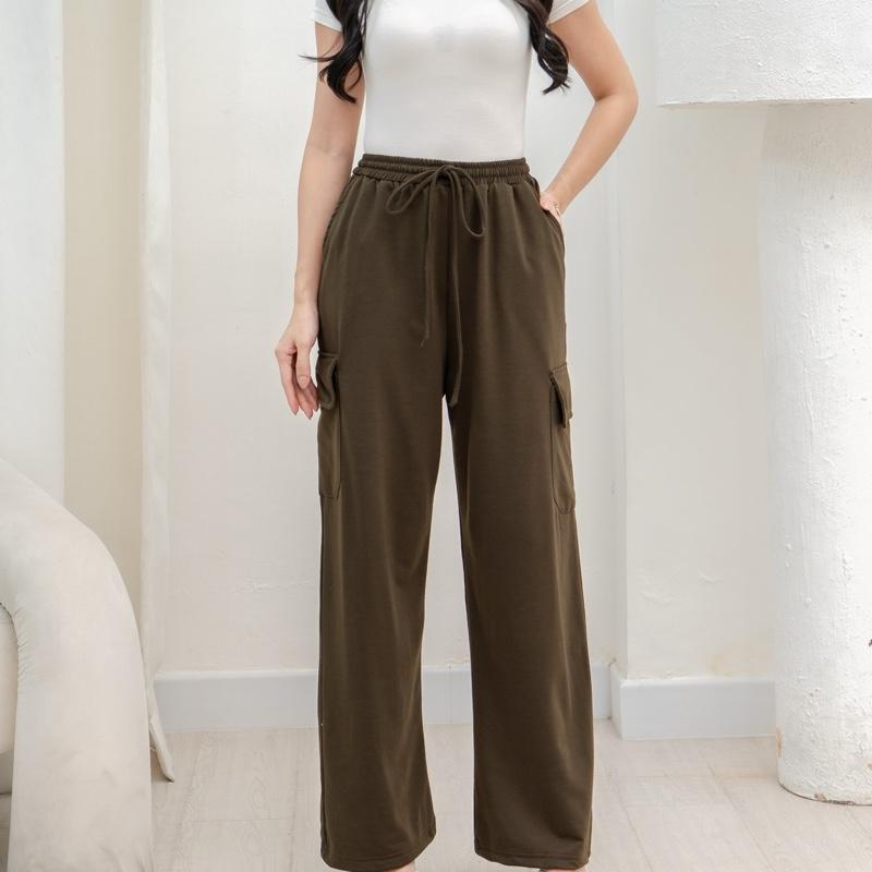 aijo -(ready) yoona cargo pants - celana bebytery korean loose pants panjang wanita formal kantor casual hitam baggy kulot celana cargo wanita katun tali serut merah 