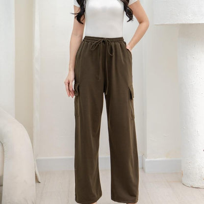 AIJO -(READY) Yoona Cargo Pants - Celana Bebytery Korean Loose Pants Panjang Wanita Formal Kantor Casual Hitam Baggy Kulot Celana Cargo Wanita Katun tali serut Merah 