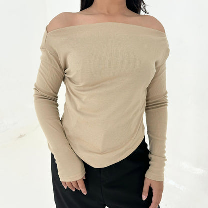AIJO | (READY) Blossom Sabrina Longsleeve - Atasan Lengan Panjang Rib Wanita cia oneck top Polos Melar Baju Tebal Oversize